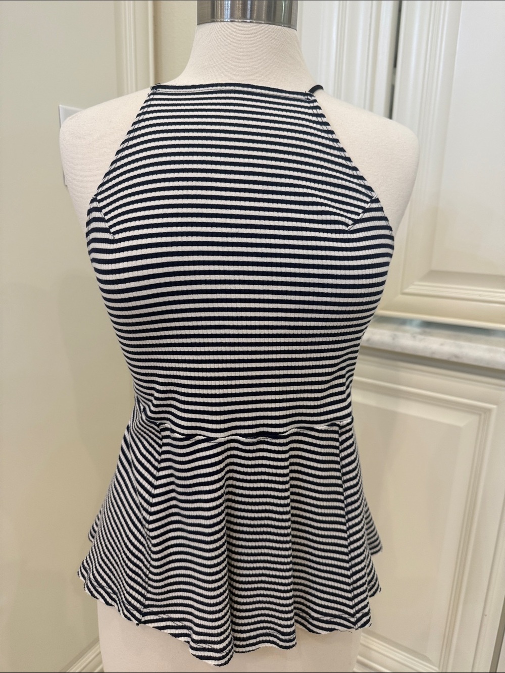 Free People Black and White Striped Ribbed Halter Peplum Tank